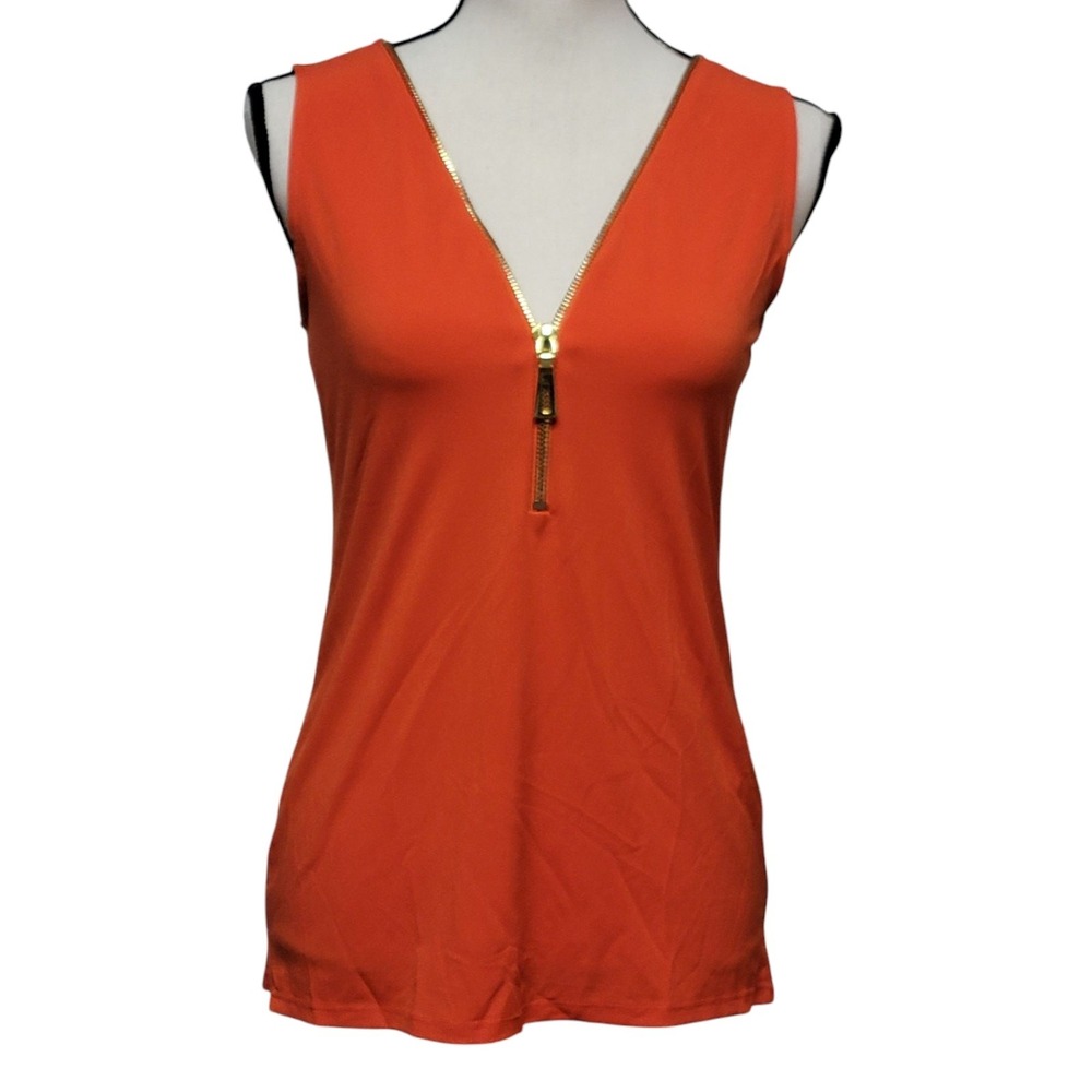 Carmen Marc Valvo Orange Zipper Blouse Womens XS Sleeveless Career Office Date - Picture 2 of 6